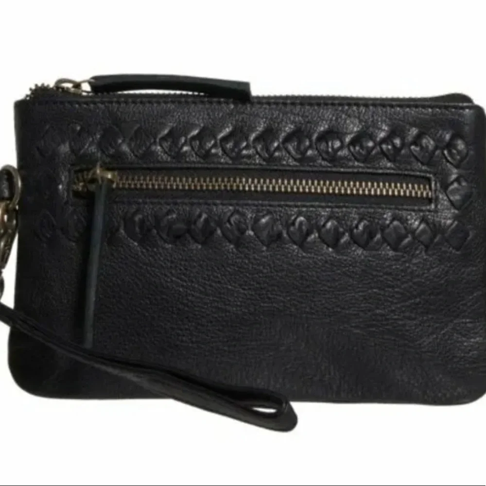New! Day And Mood Womens Black Genuine Leather Sting Clutch Handbag Purse